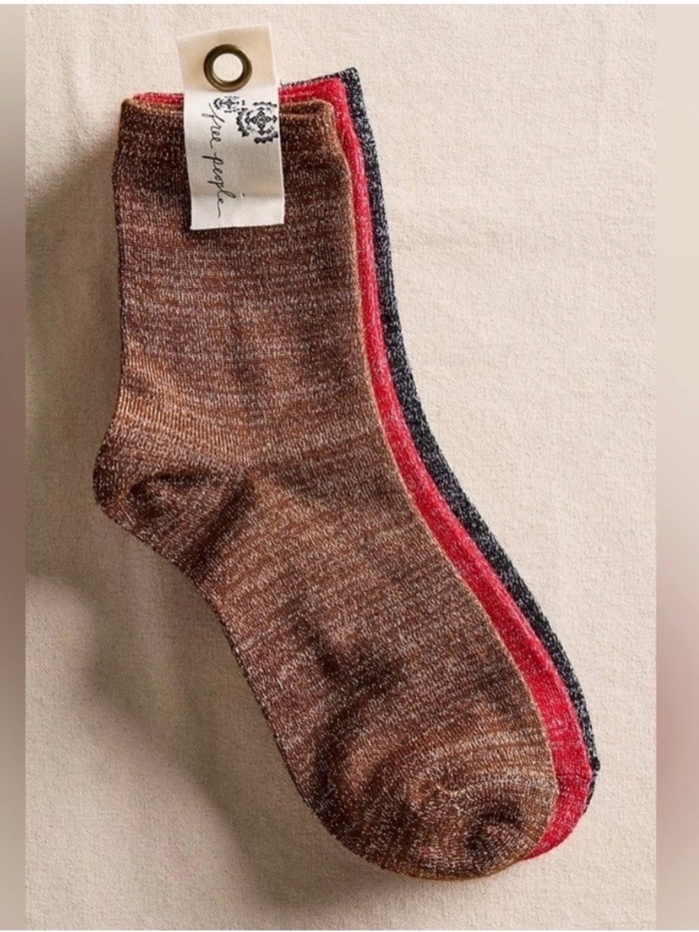 Free People/FP Movement Lurex sock 3 pair black red brown disco stretchy ankle